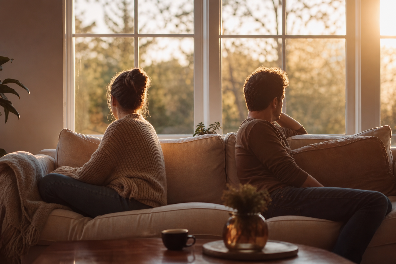 A couple sits silently side by side on the couch, each looking toward the window, warm evening sun streaming in