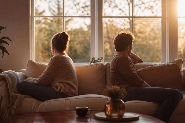 A couple sits silently side by side on the couch, each looking toward the window, warm evening sun streaming in