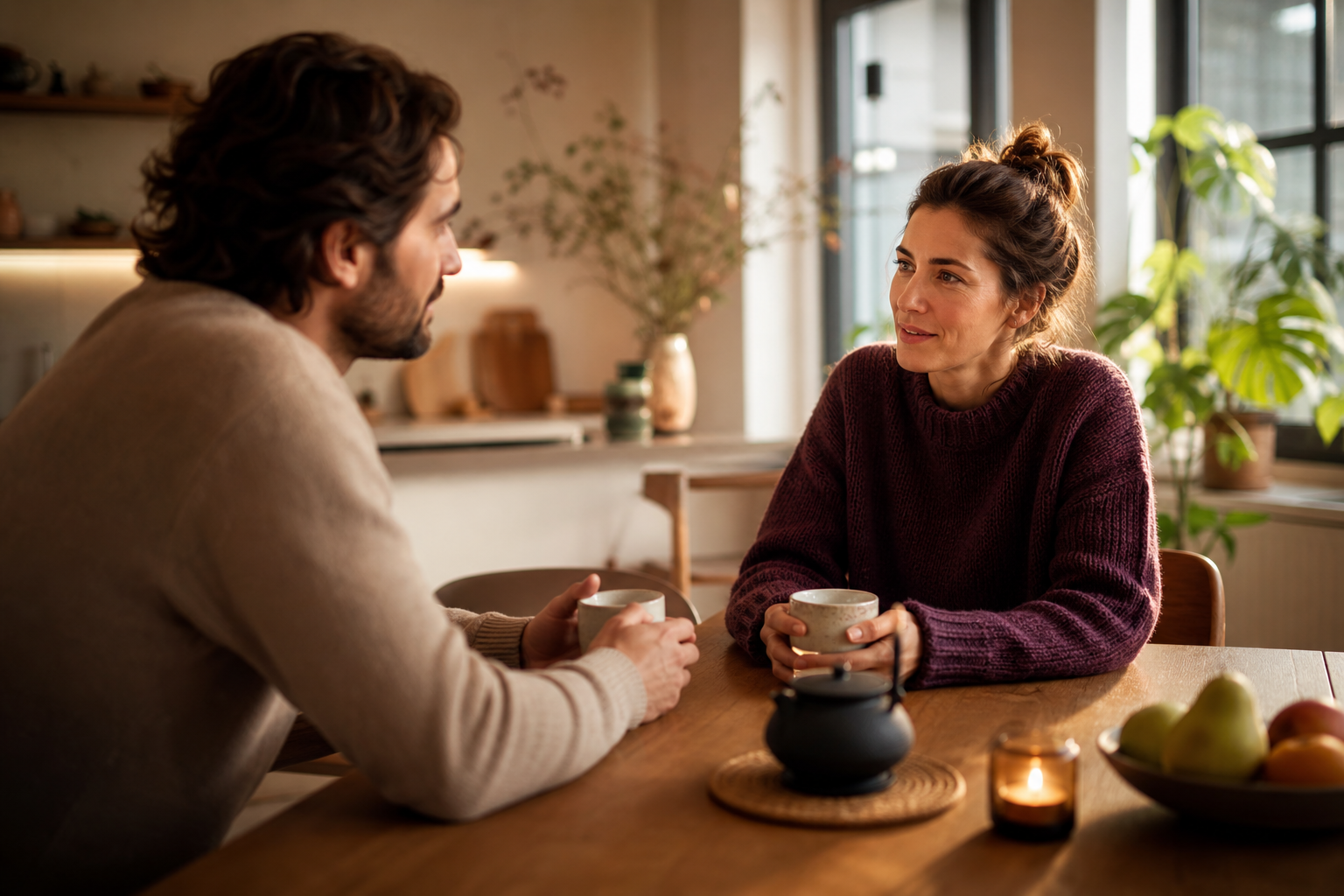 Two partners sit calmly across from each other at a kitchen table with coffee, in a warmly decorated home, deep in conversation