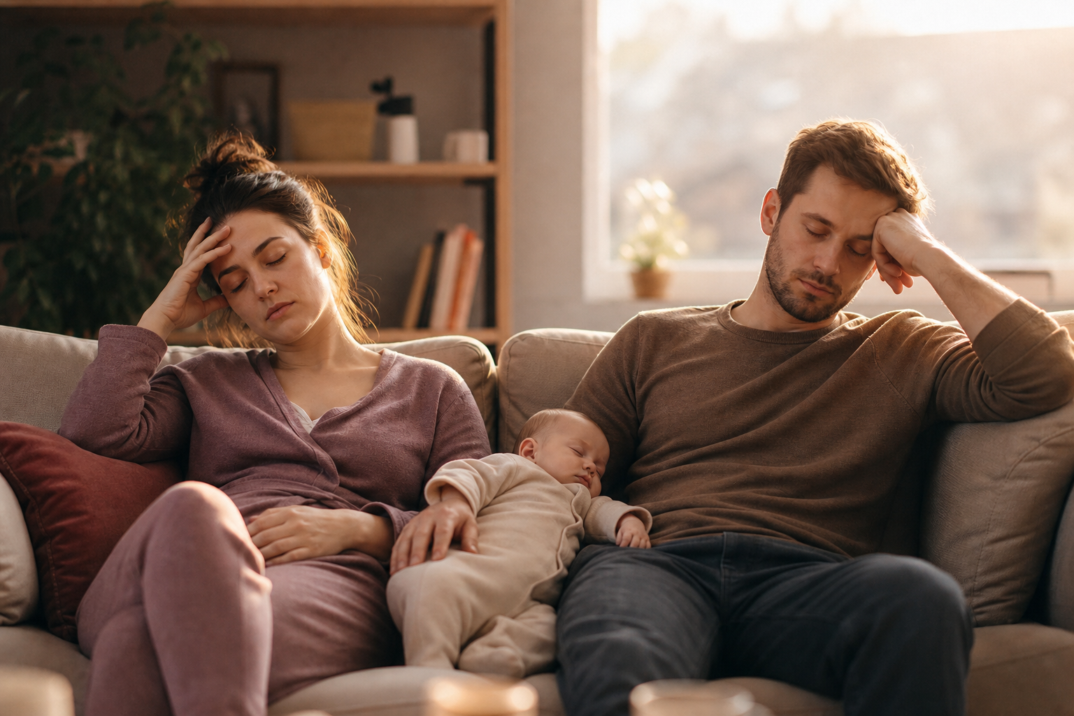 Vermoeide partners zitten samen op de bank met een slapende baby tussen hen in, warm ochtendlicht door het raam