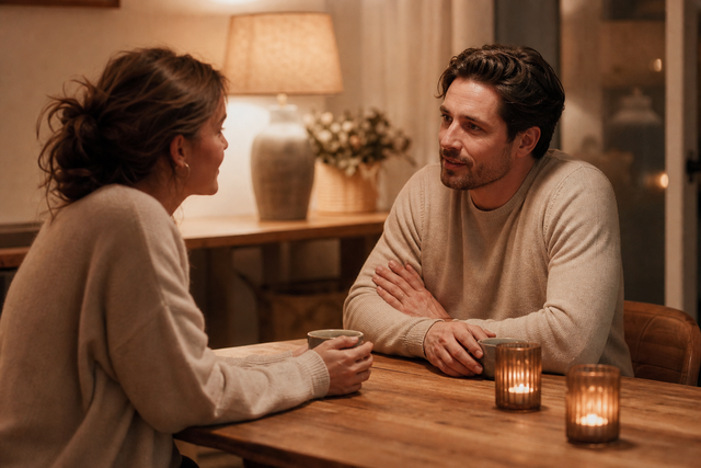 Twee partners zitten tegenover elkaar aan een houten tafel met warm avondlicht, in gesprek en met oprechte aandacht voor elkaar