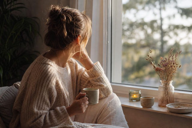 A person sits thoughtfully by a window with a cup of tea, warm daylight, symbolizing doubt and reflection about a relationship