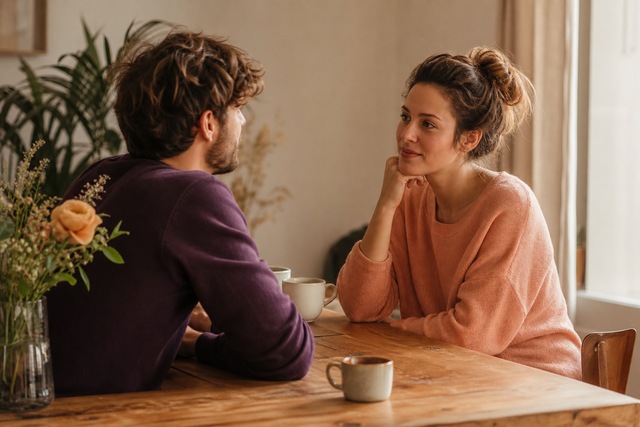 Twee partners zitten warm tegenover elkaar aan een houten tafel en hebben een open gesprek bij daglicht