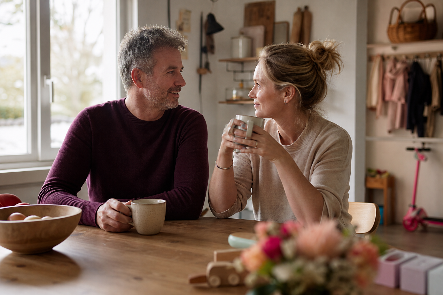 Parent couple calmly drinking coffee together at the kitchen table with children's belongings visible in the background