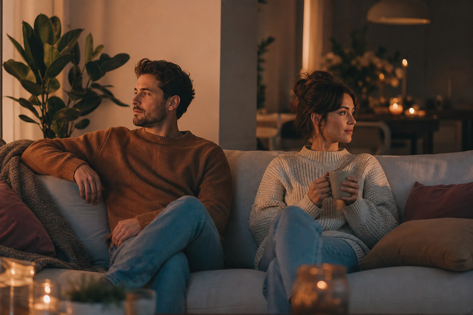 A couple sits quietly next to each other on the couch, with some distance between them, in warm evening light