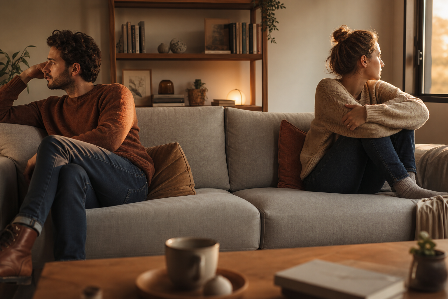 Two partners sit on opposite ends of a couch, with some space between them, soft evening light through the window