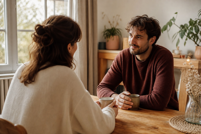 Twee partners zitten warm tegenover elkaar aan een houten tafel in gesprek, zacht daglicht door een raam