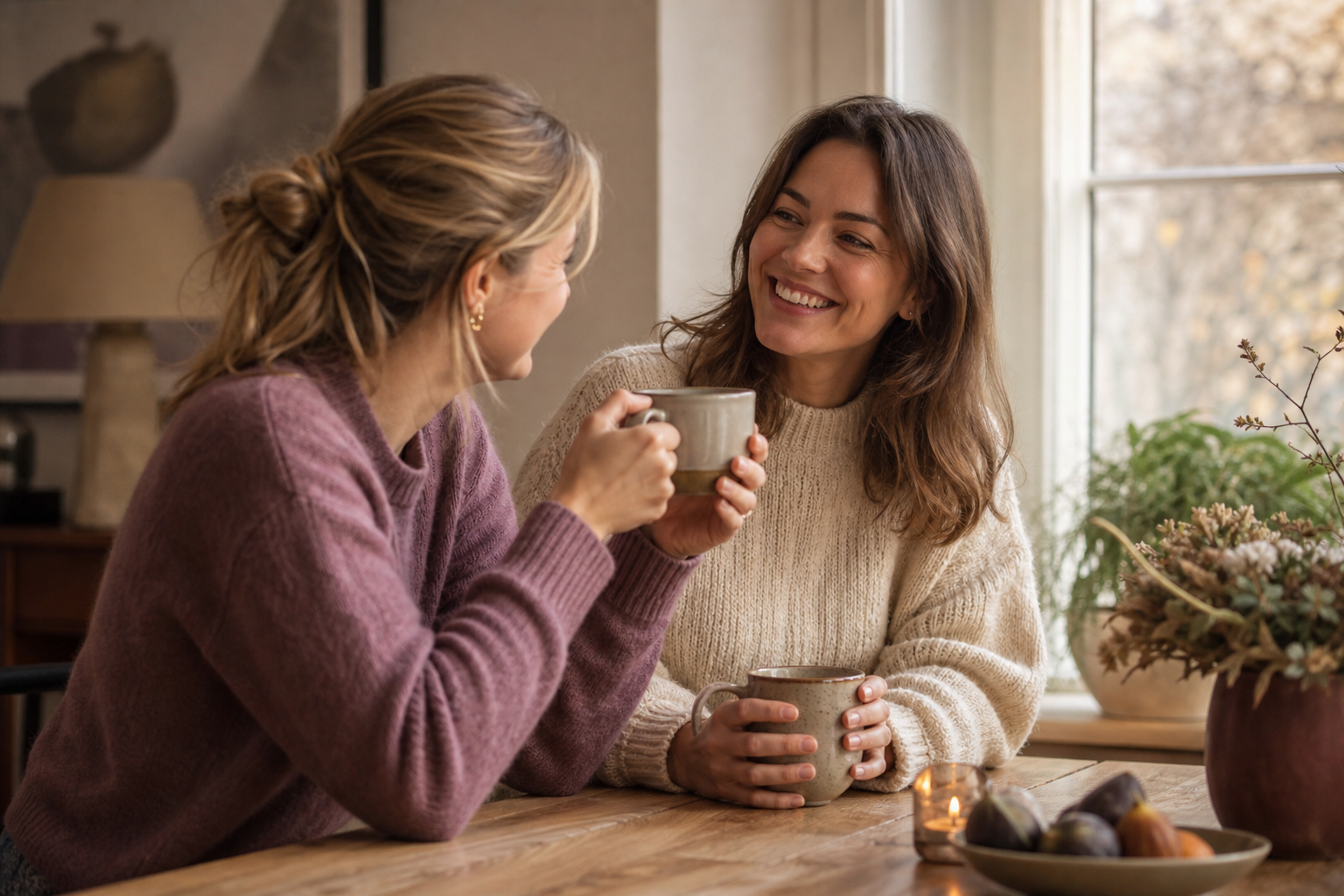 Twee vrienden die warm lachend samen koffie drinken aan een houten tafel bij een raam