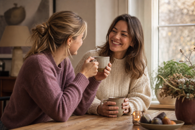 Two friends laughing warmly while drinking coffee together at a wooden table by a window