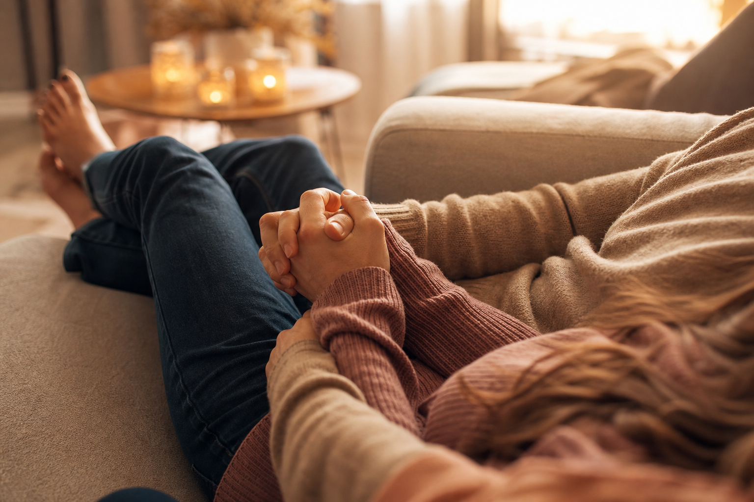 Stel dat ontspannen tegen elkaar aan zit op de bank, hand in hand, warm licht op de achtergrond