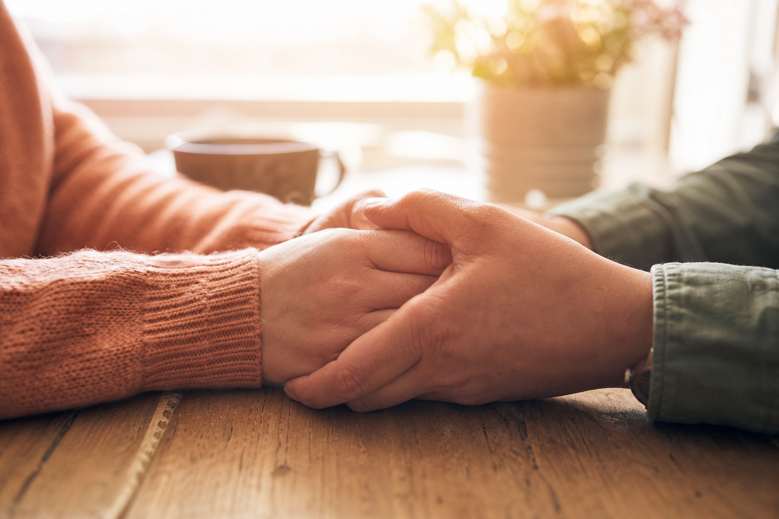 Two hands gently holding each other above a wooden table, warm morning light in the background