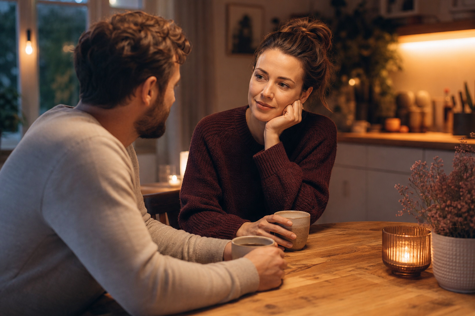 Twee partners zitten aan de keukentafel met een kop thee, één luistert aandachtig naar de ander in warm avondlicht