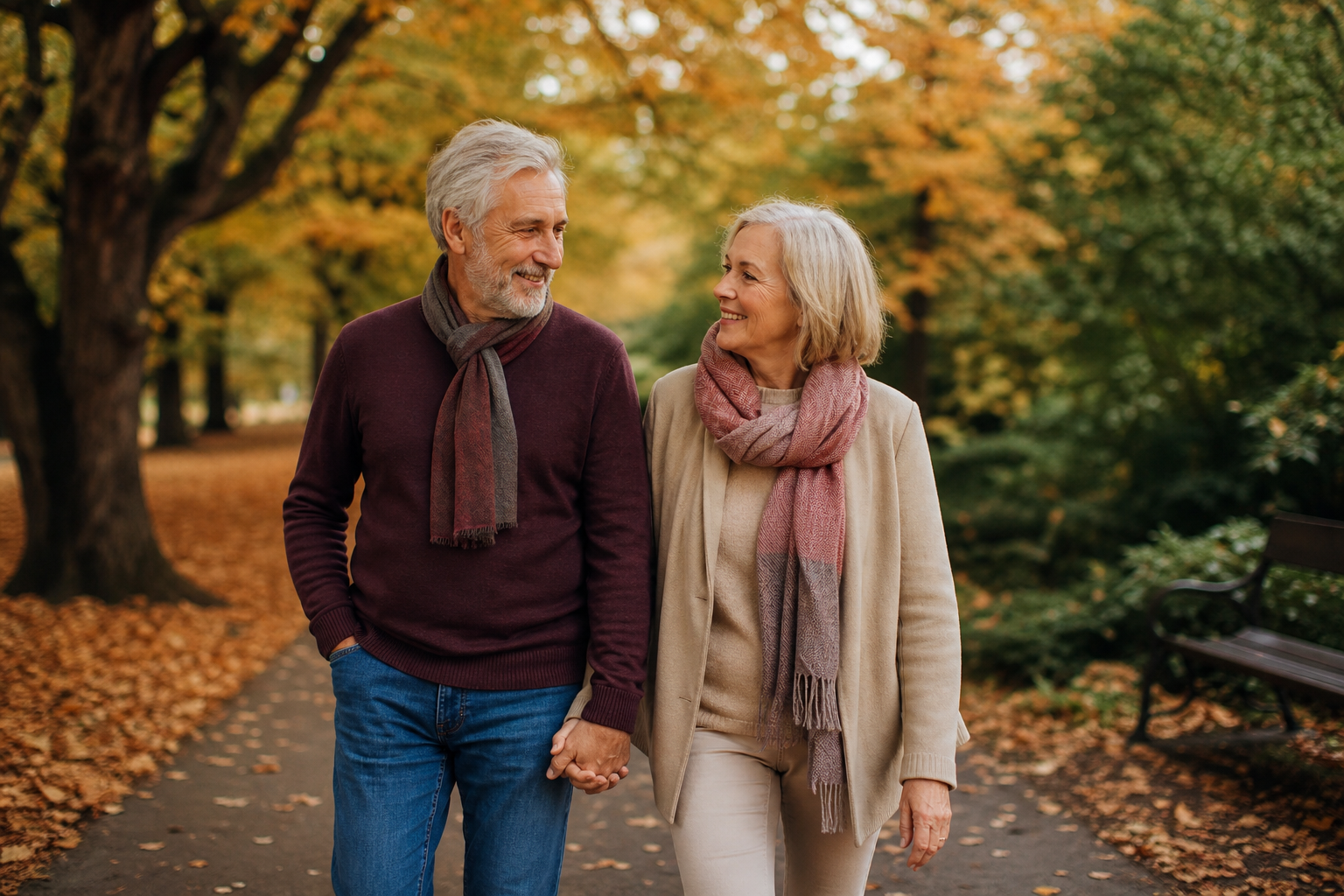 Older couple walking hand in hand through an autumn park, smiling at each other