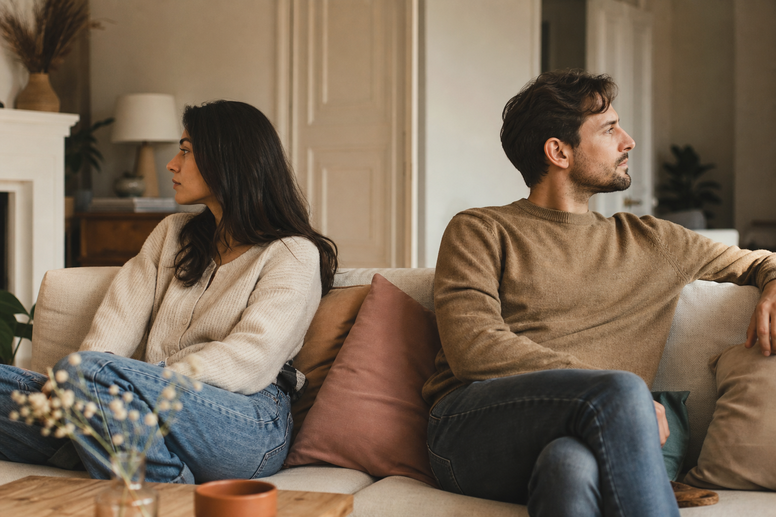 Twee mensen die met afstand naast elkaar op de bank zitten, ieder naar een ander punt in de kamer starend, zacht daglicht