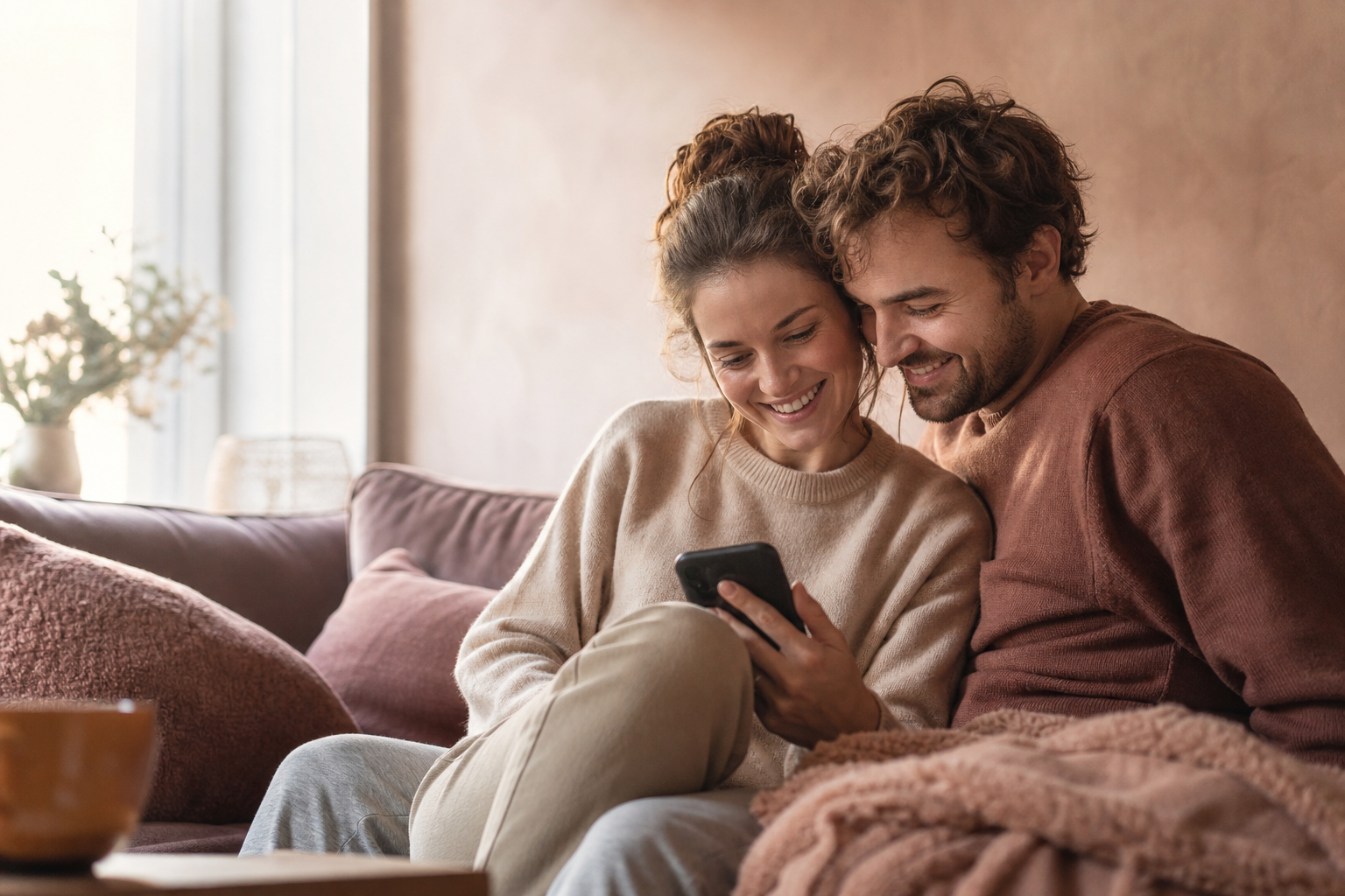Twee partners zitten warm tegen elkaar aan op de bank en kijken samen glimlachend naar een telefoon