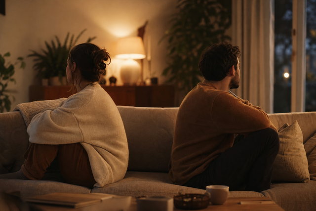 Two partners sit silently on the couch, half turned away from each other, in a dimly lit living room