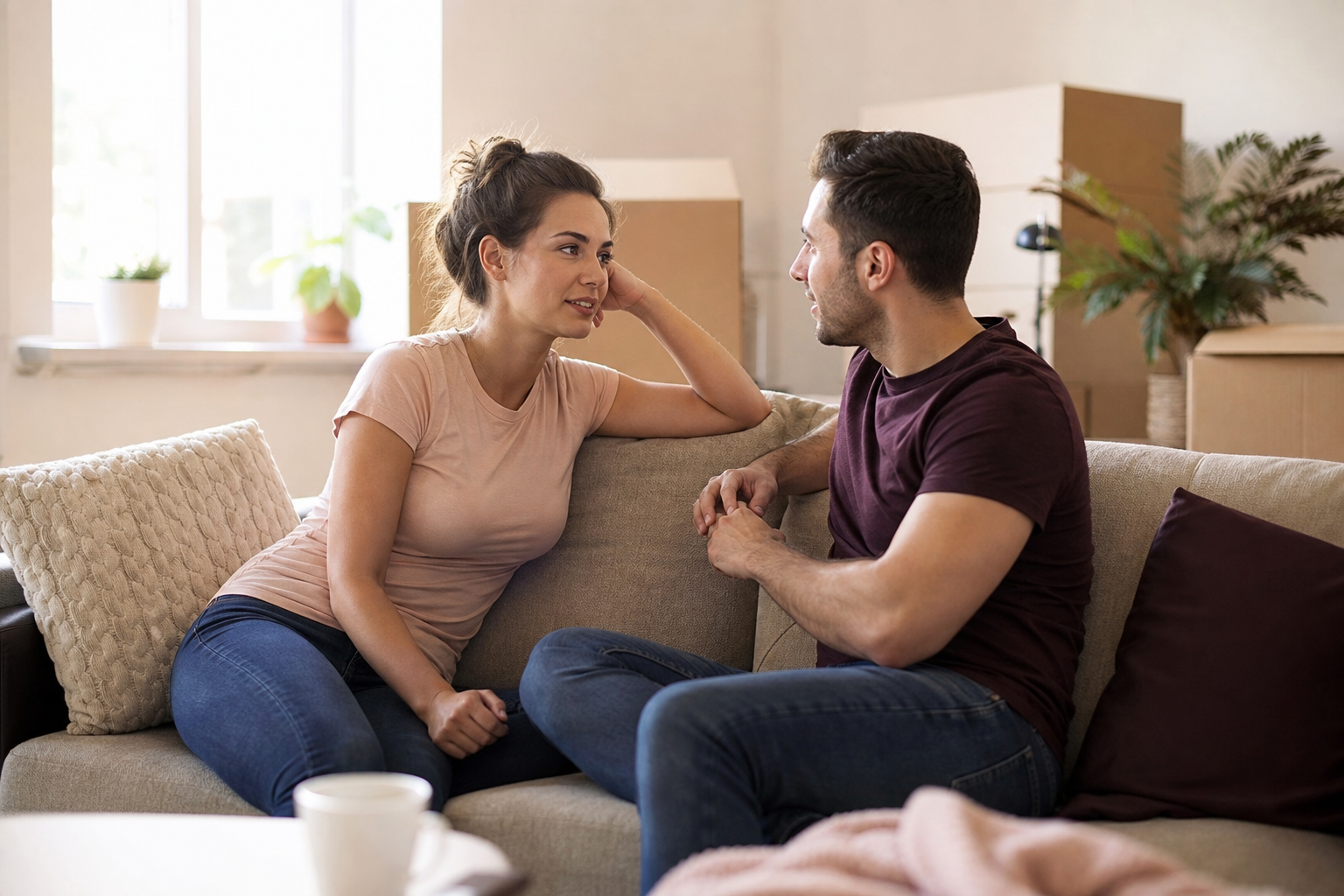 Stel zit samen op de bank te praten in een lichte woonkamer met verhuisdozen op de achtergrond