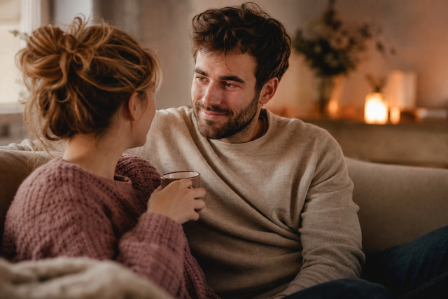 Een stel dat liefdevol met elkaar communiceert in een warme omgeving
