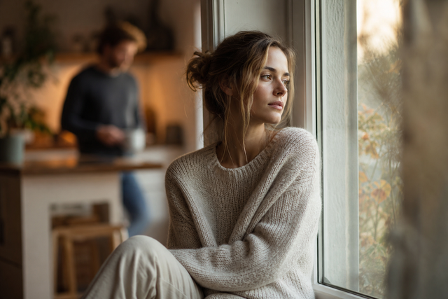 Someone gazes thoughtfully out of a window while a second person is blurred in the background, warm natural light