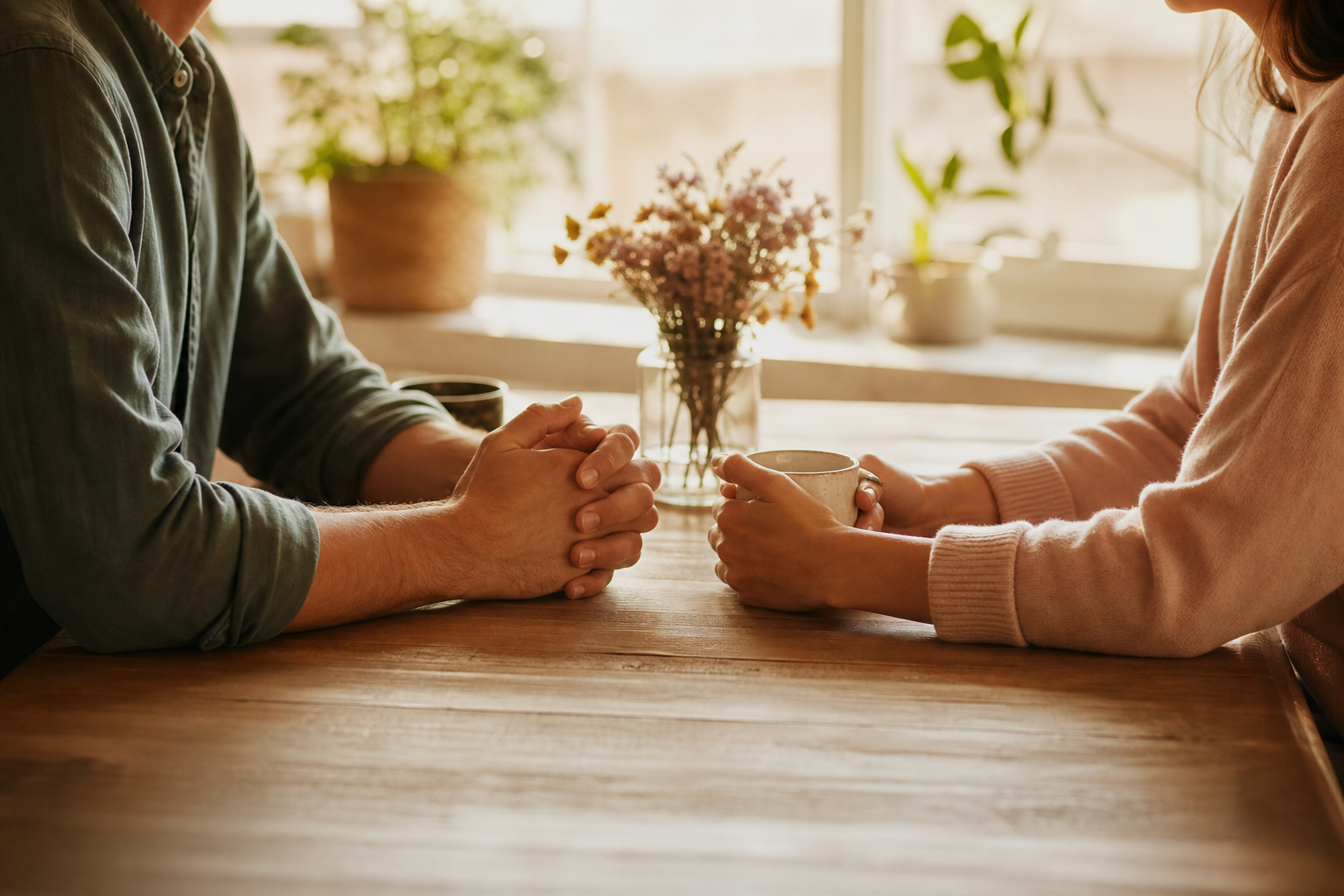 Een stel zit ontspannen tegenover elkaar aan een houten tafel, handen dicht bij elkaar, warm daglicht op de achtergrond