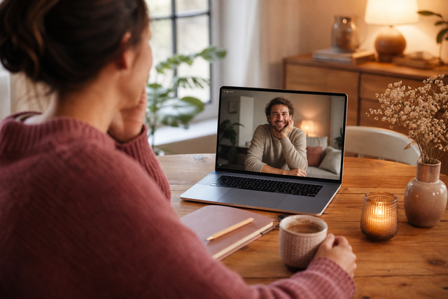Two people smiling at each other over a video call, with a cup of coffee and a journal on the table