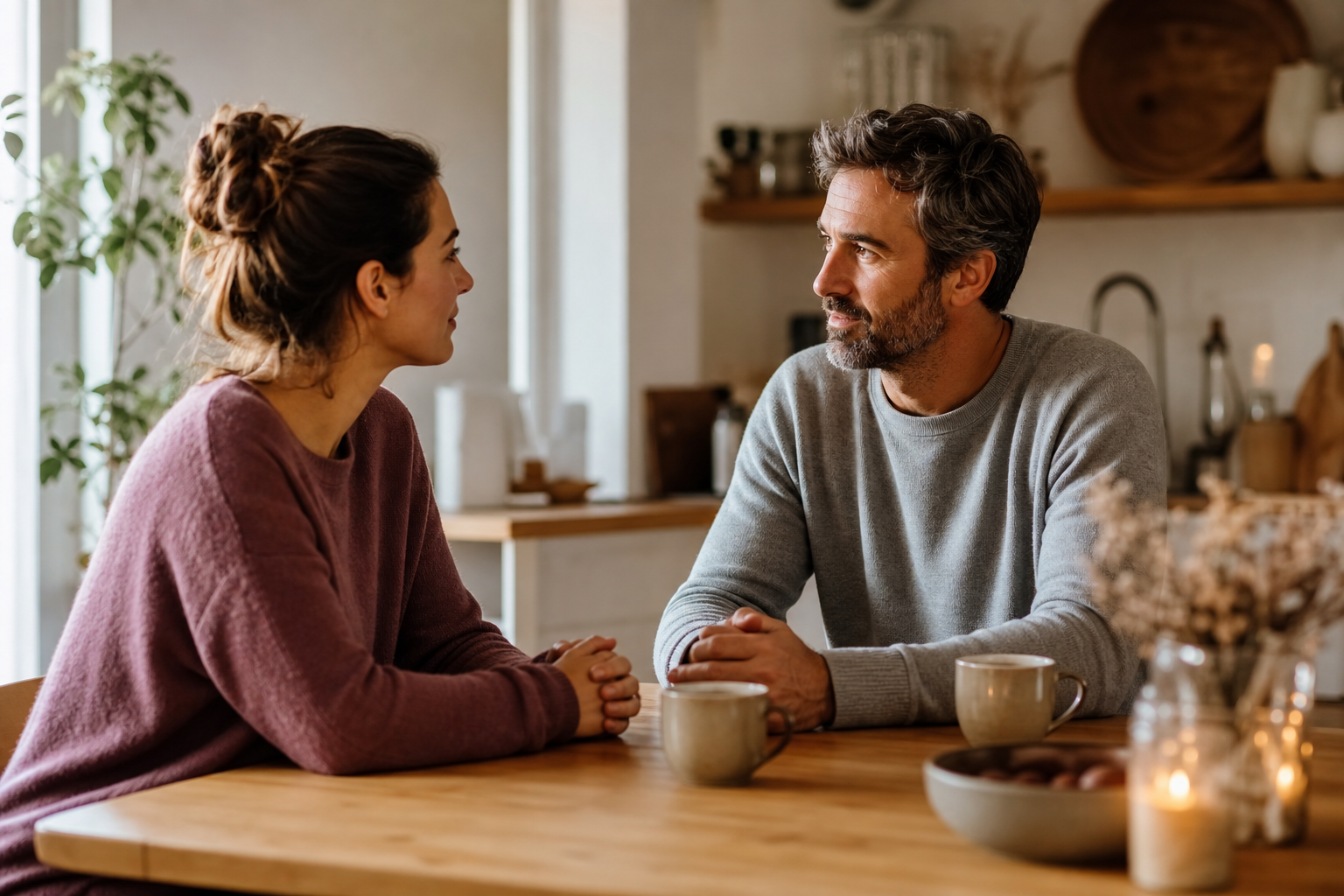 Twee partners zitten rustig tegenover elkaar aan de keukentafel in een warm gesprek, handen losjes op tafel