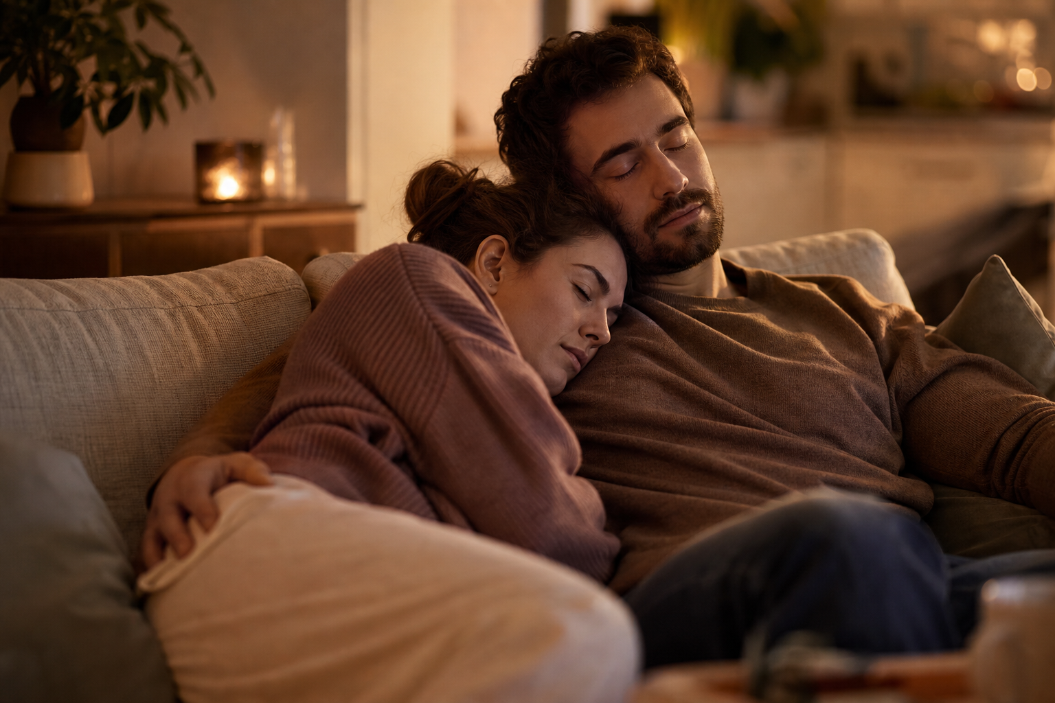 Tired couple sitting close together on the couch, eyes closed, in warm evening light