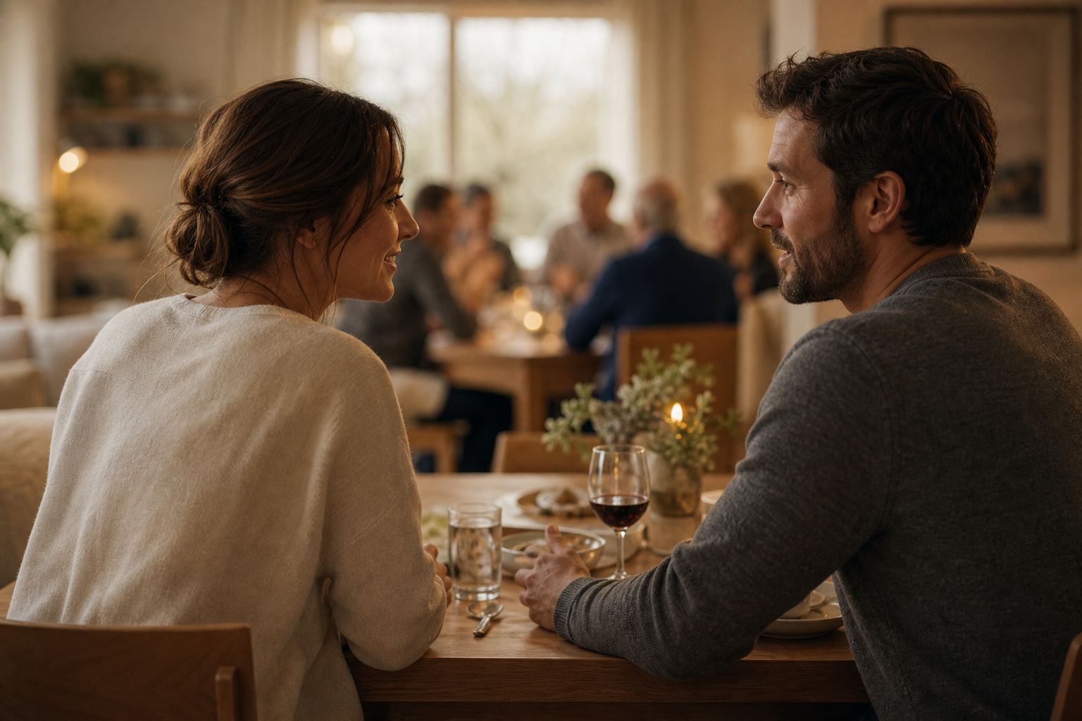 Een stel dat samen aan de eettafel zit te praten, met op de achtergrond wazig een familiediner