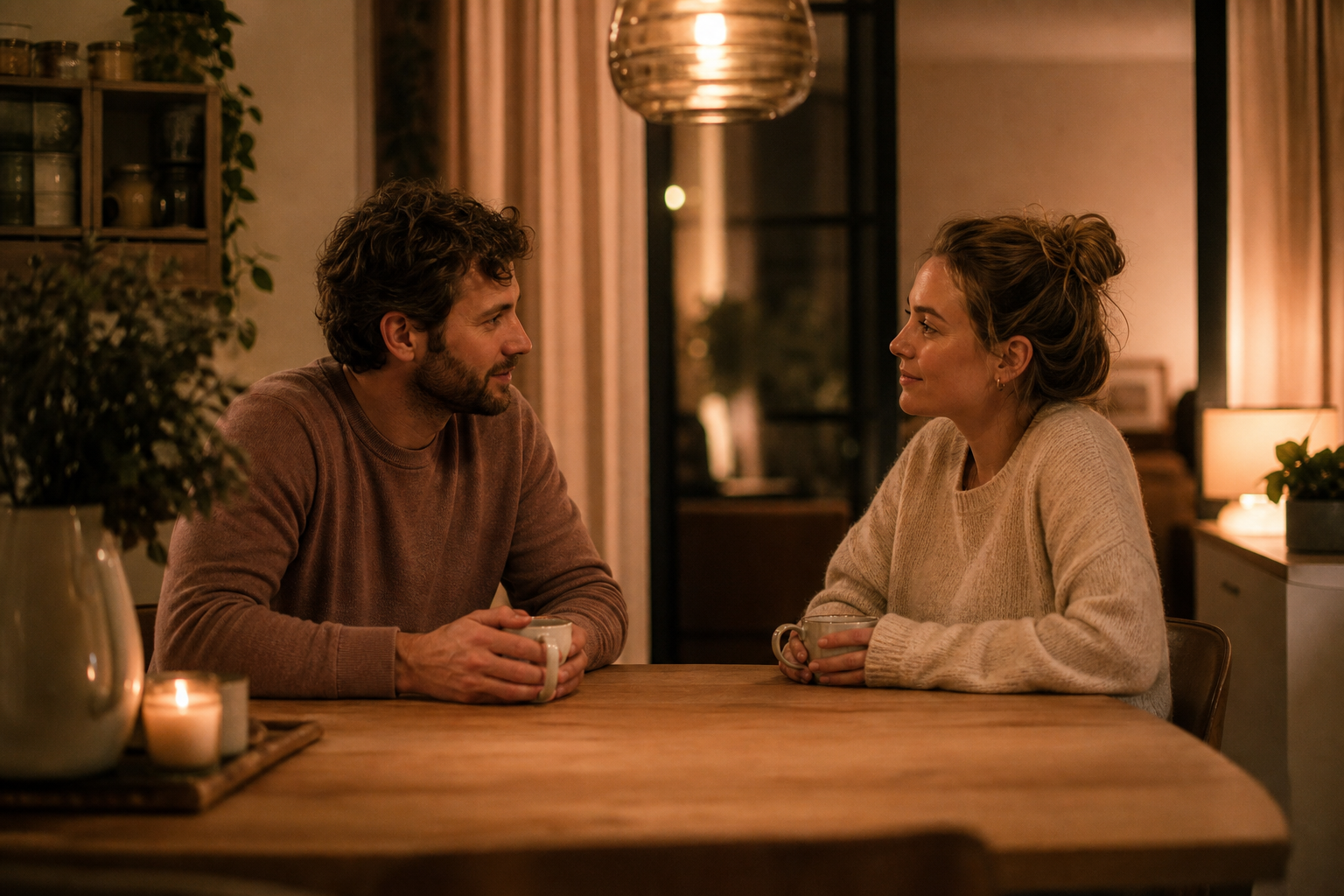 A couple sits relaxed across from each other at the kitchen table talking, warm evening light