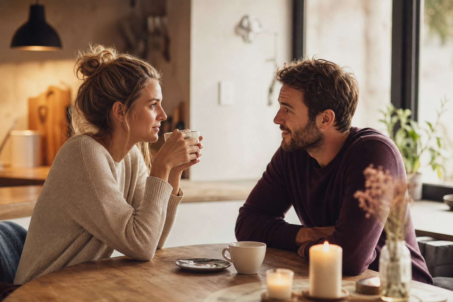 Twee partners zitten warm tegenover elkaar aan de keukentafel met een kop koffie, verdiept in een gesprek