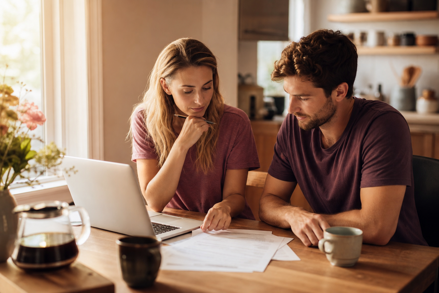 Two people at a kitchen table calmly looking at papers and a laptop together, warm morning light