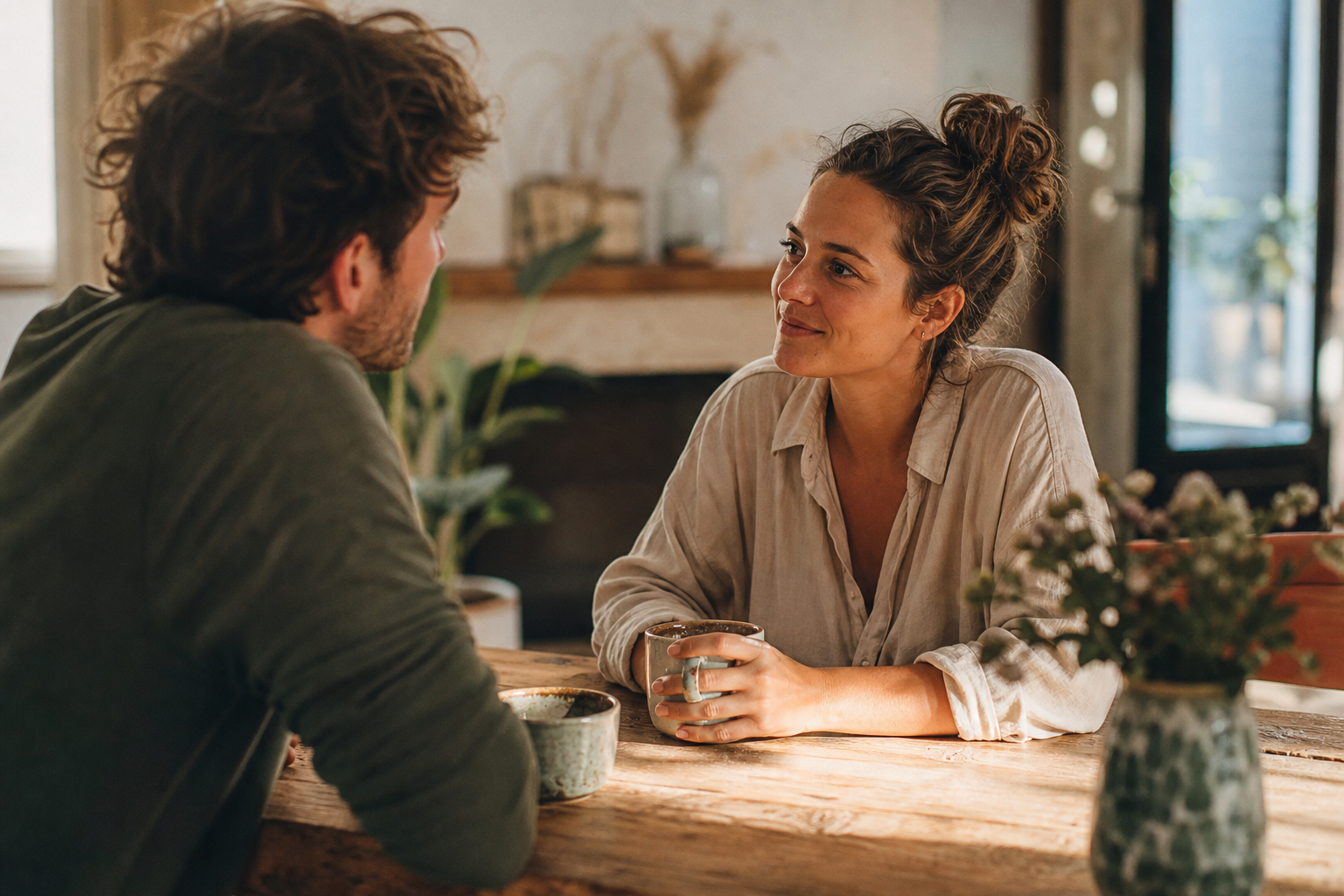 Stel zit ontspannen tegenover elkaar aan tafel in warm daglicht, in gesprek