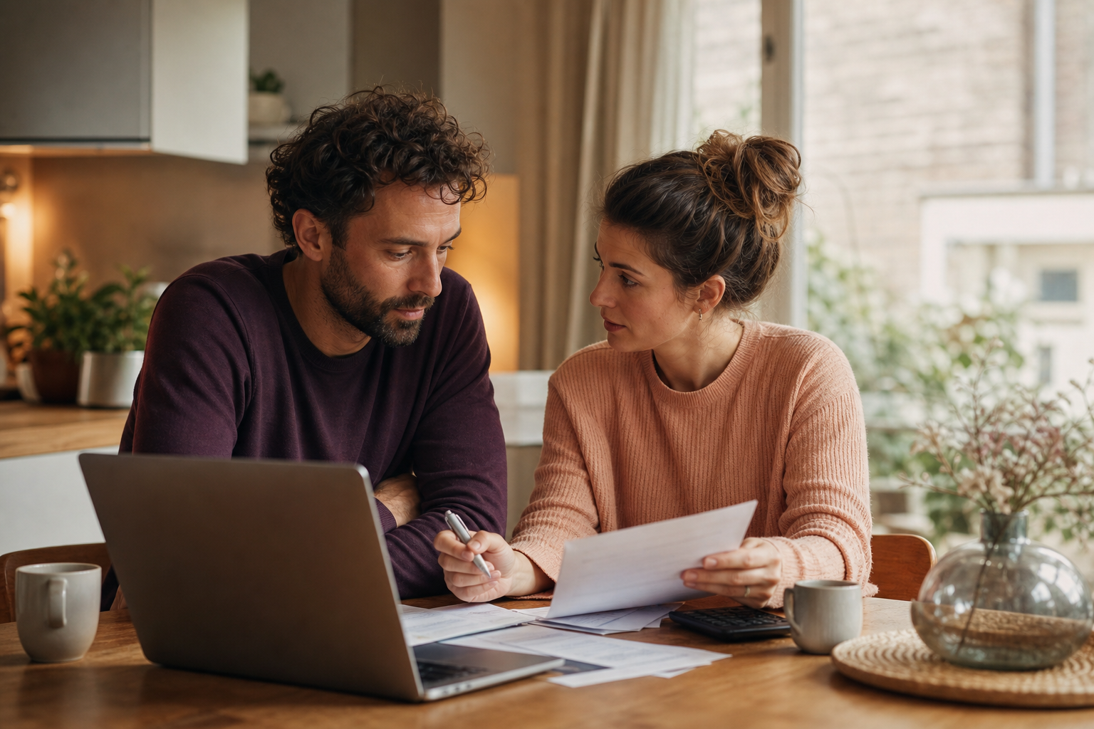 Two partners at the kitchen table calmly discussing their finances together with papers and a laptop