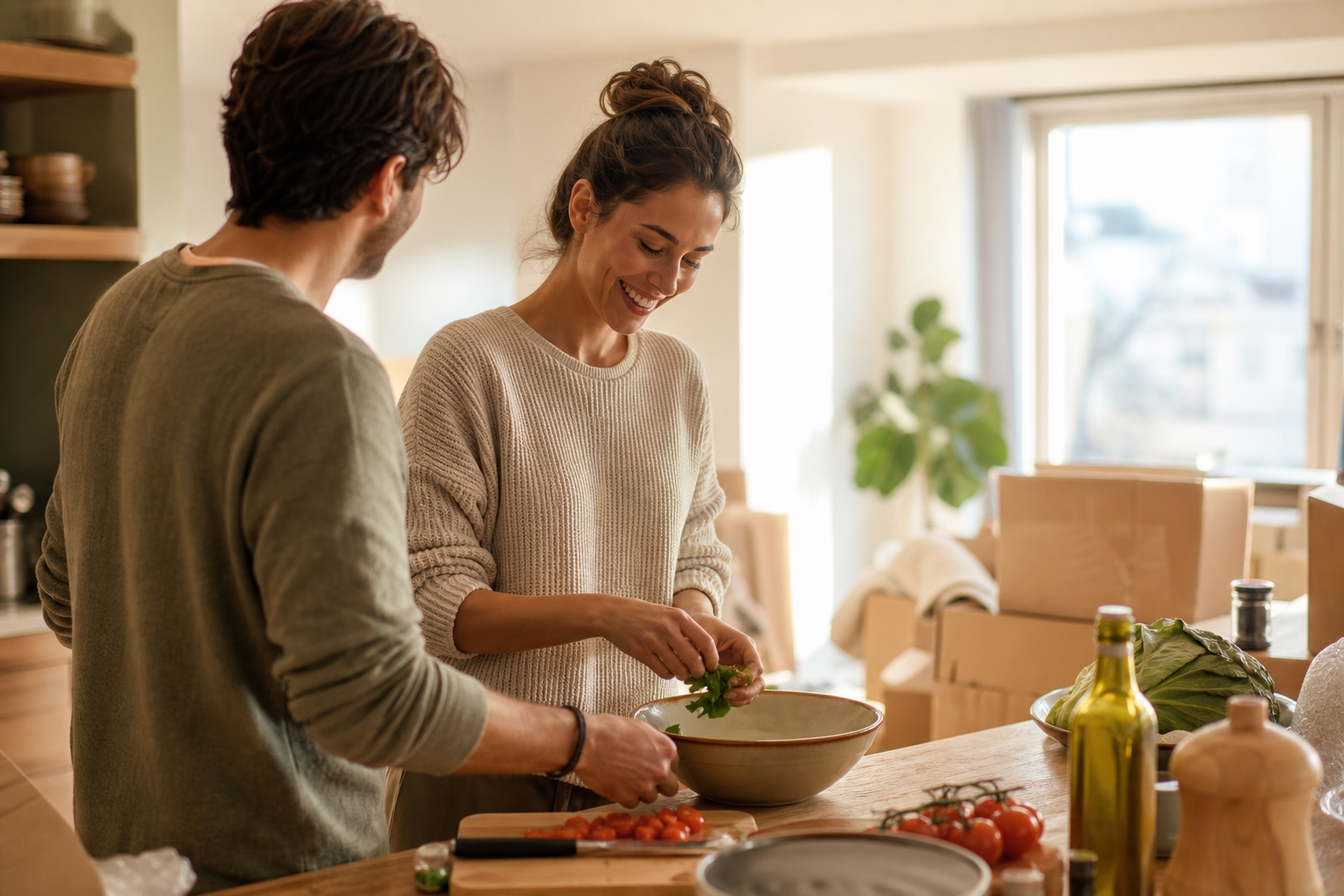 Een stel dat samen kookt in een lichte, gezellige keuken tijdens het inrichten van hun nieuwe huis