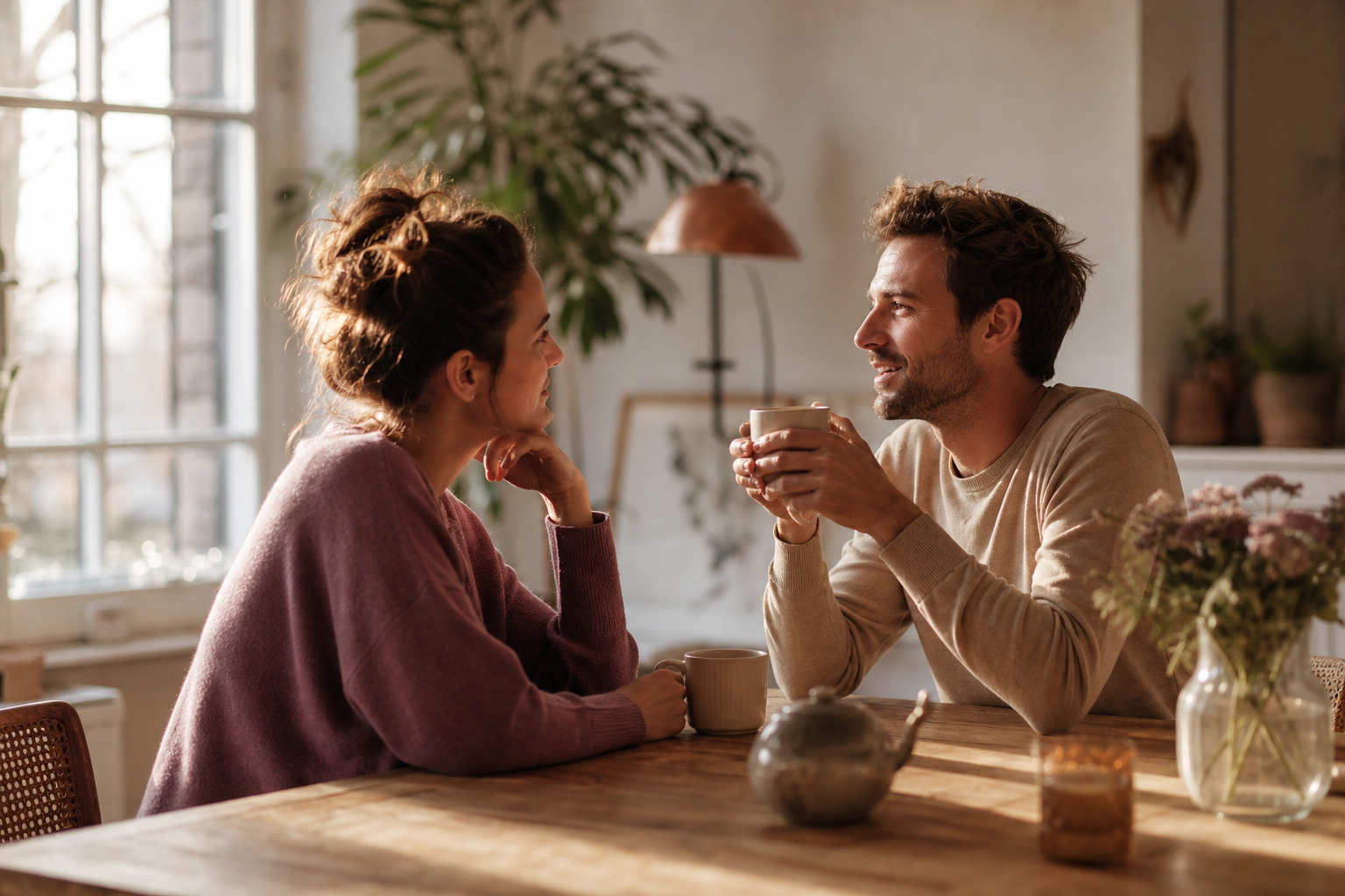 Twee partners zitten ontspannen tegenover elkaar aan een houten tafel met koffie, in gesprek bij warm ochtendlicht
