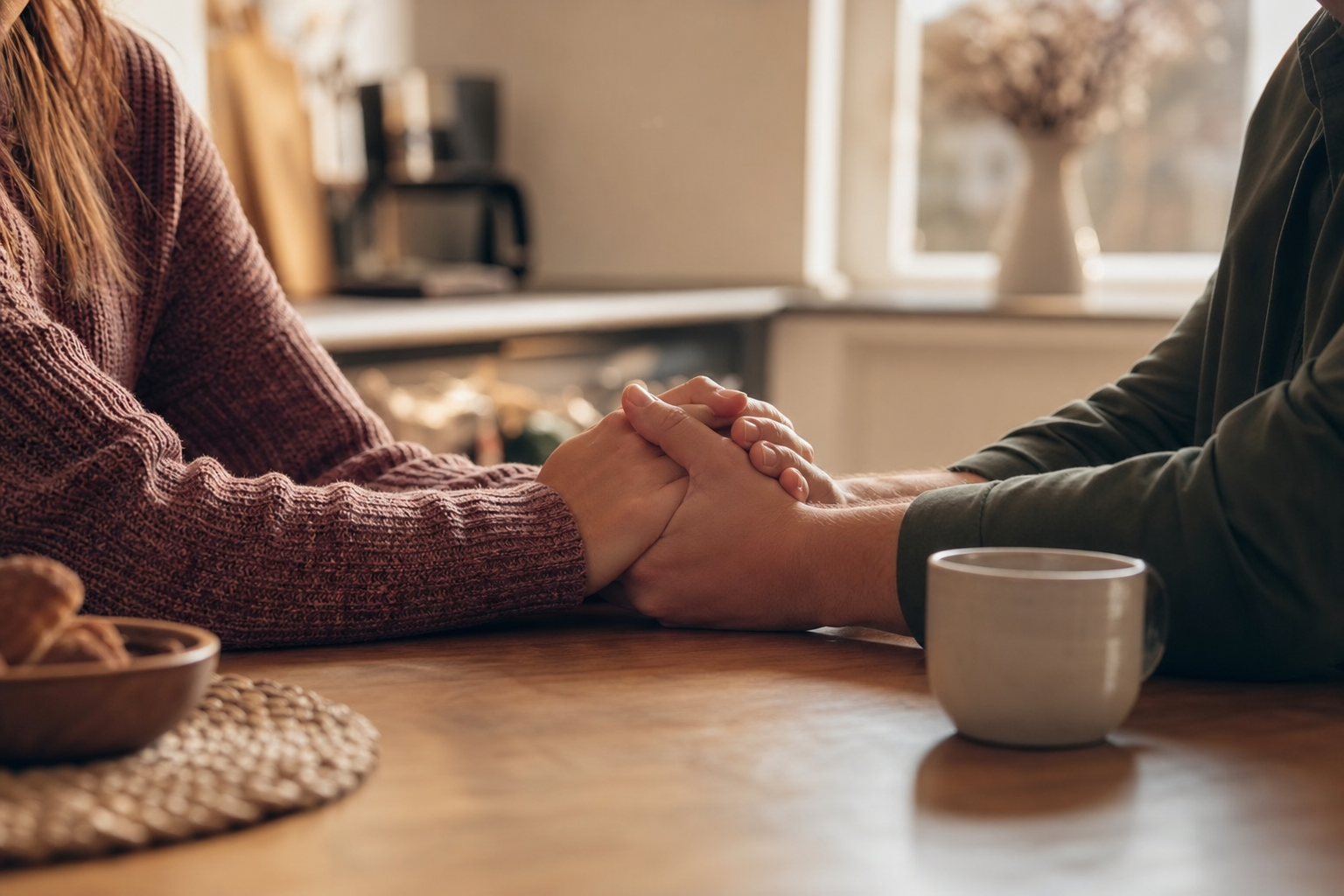 A couple holds hands at the kitchen table in soft morning light, warm and intimate atmosphere