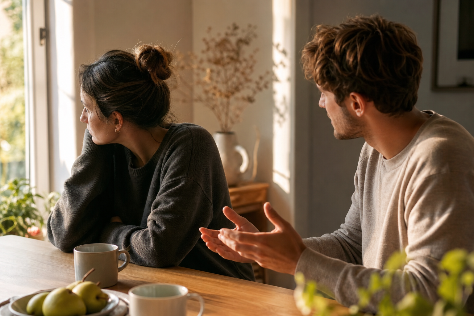 Twee partners zitten tegenover elkaar aan een tafel, een van hen kijkt weg terwijl de ander probeert te praten, warm daglicht door een raam