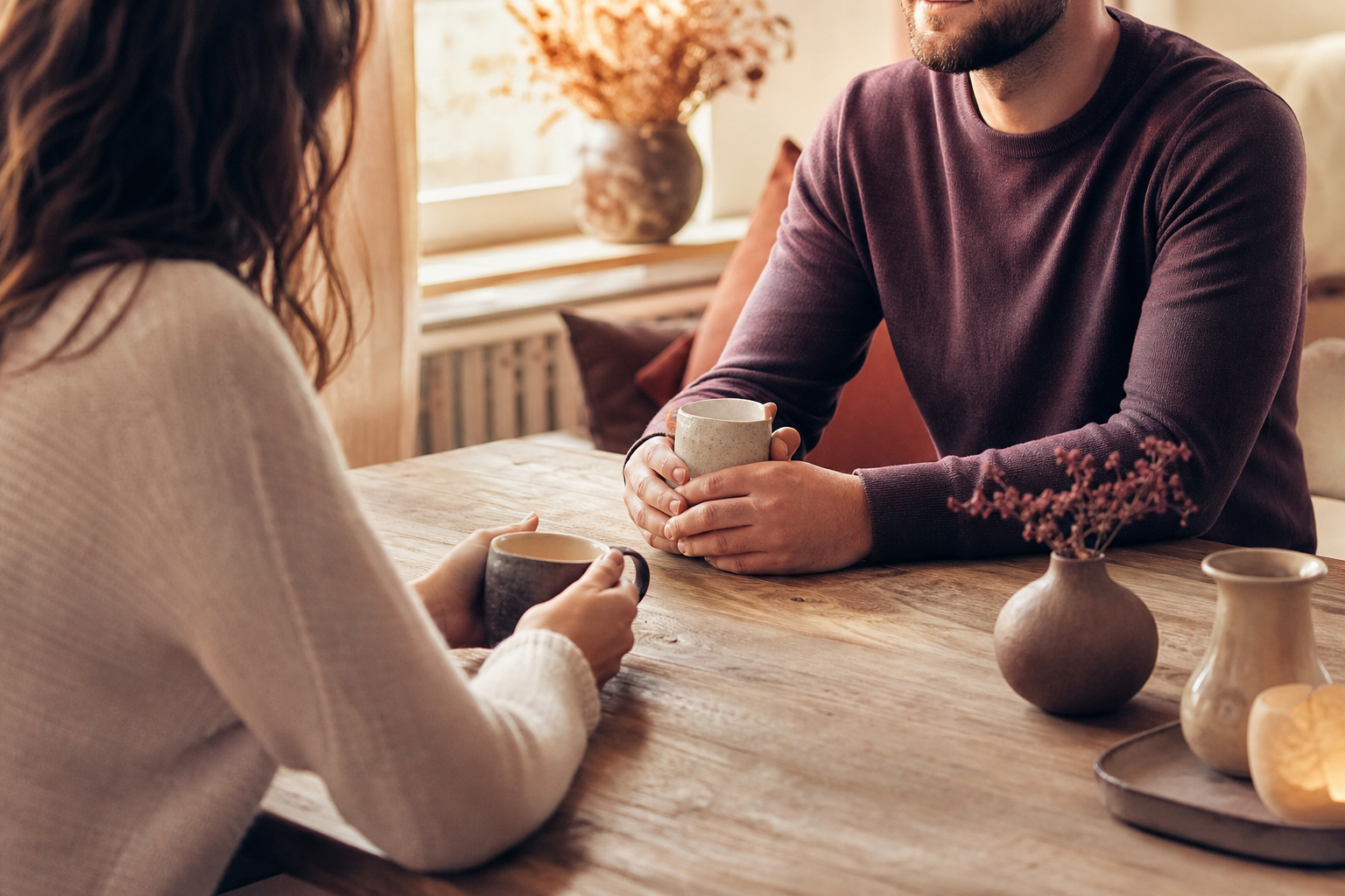 Twee partners zitten warm tegenover elkaar aan een tafel in gesprek, met kopjes koffie tussen hen in