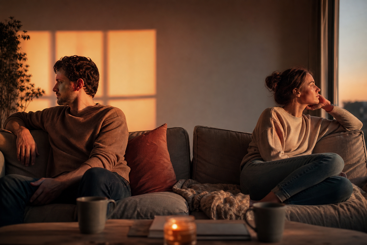 Two people sitting apart on a couch, each lost in thought, warm evening light through the window
