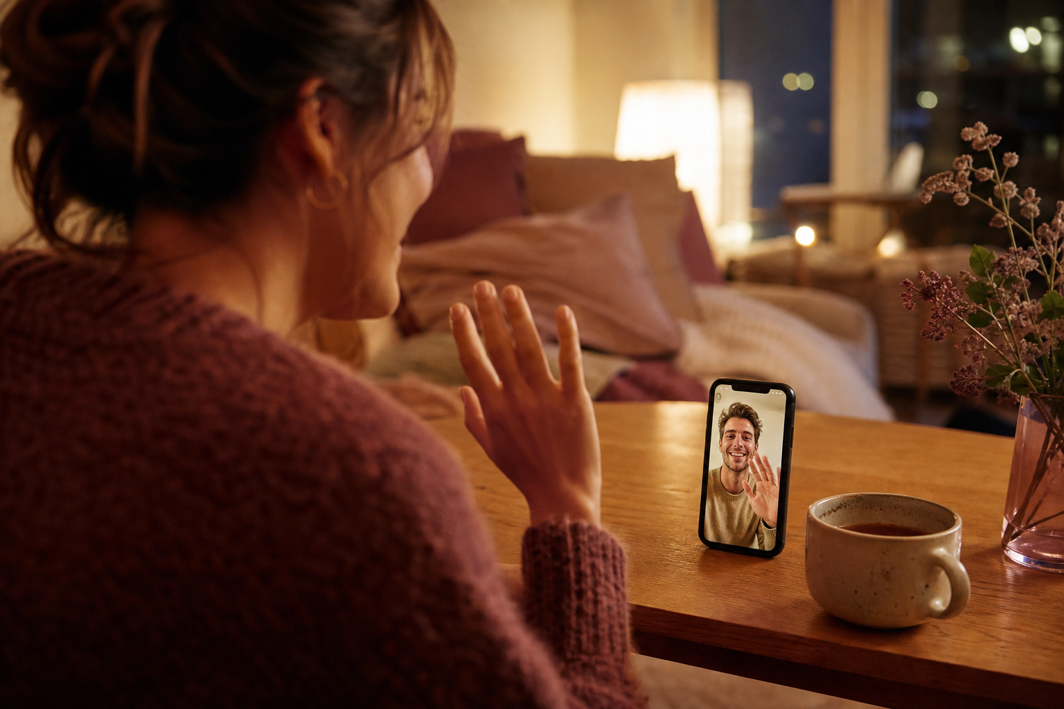 Two people smiling at each other over a video call, warmly lit living room, phone on the table next to a cup of tea