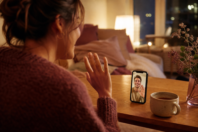 Two people smiling at each other over a video call, warmly lit living room, phone on the table next to a cup of tea
