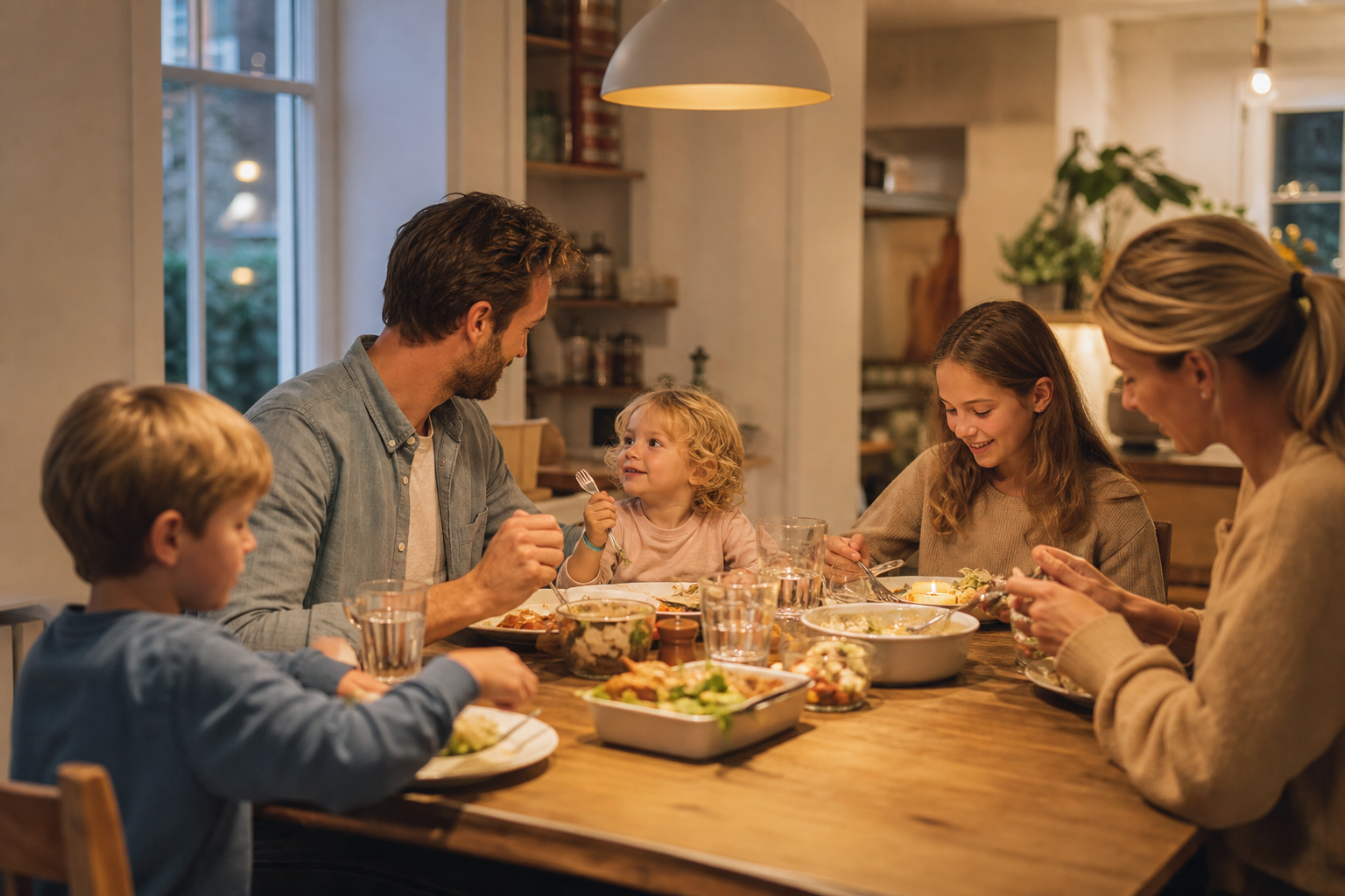 A family with children of different ages sitting together at a table, warm evening light, relaxed atmosphere