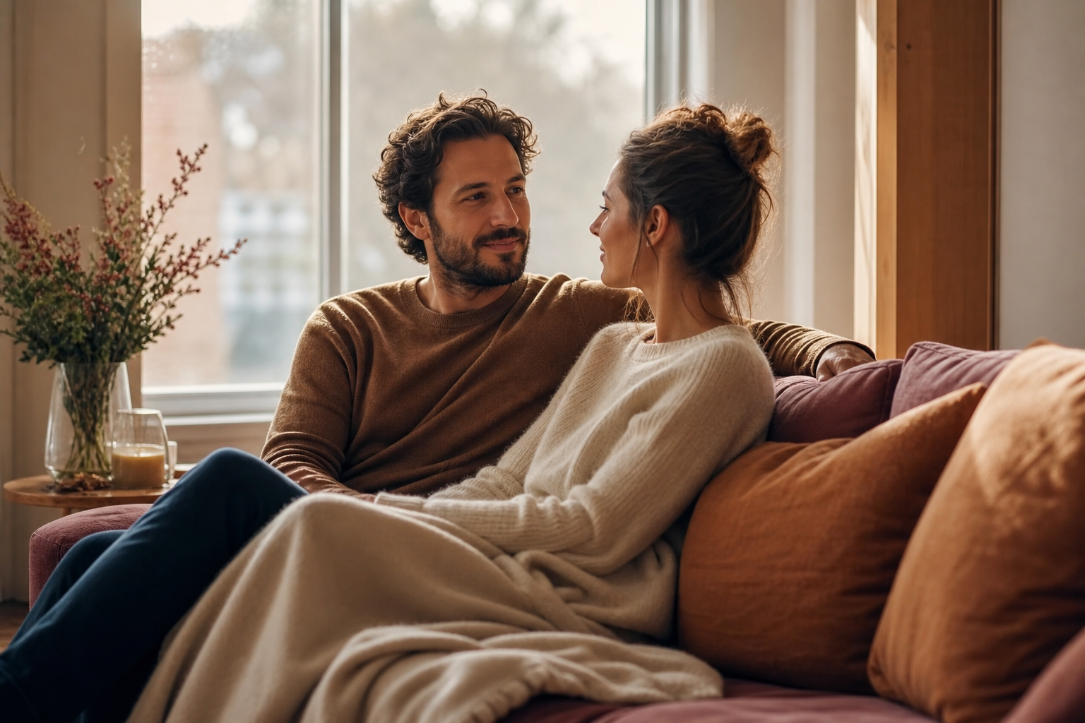 Twee partners zitten warm bij elkaar op de bank aan het raam, in gesprek, met zacht daglicht