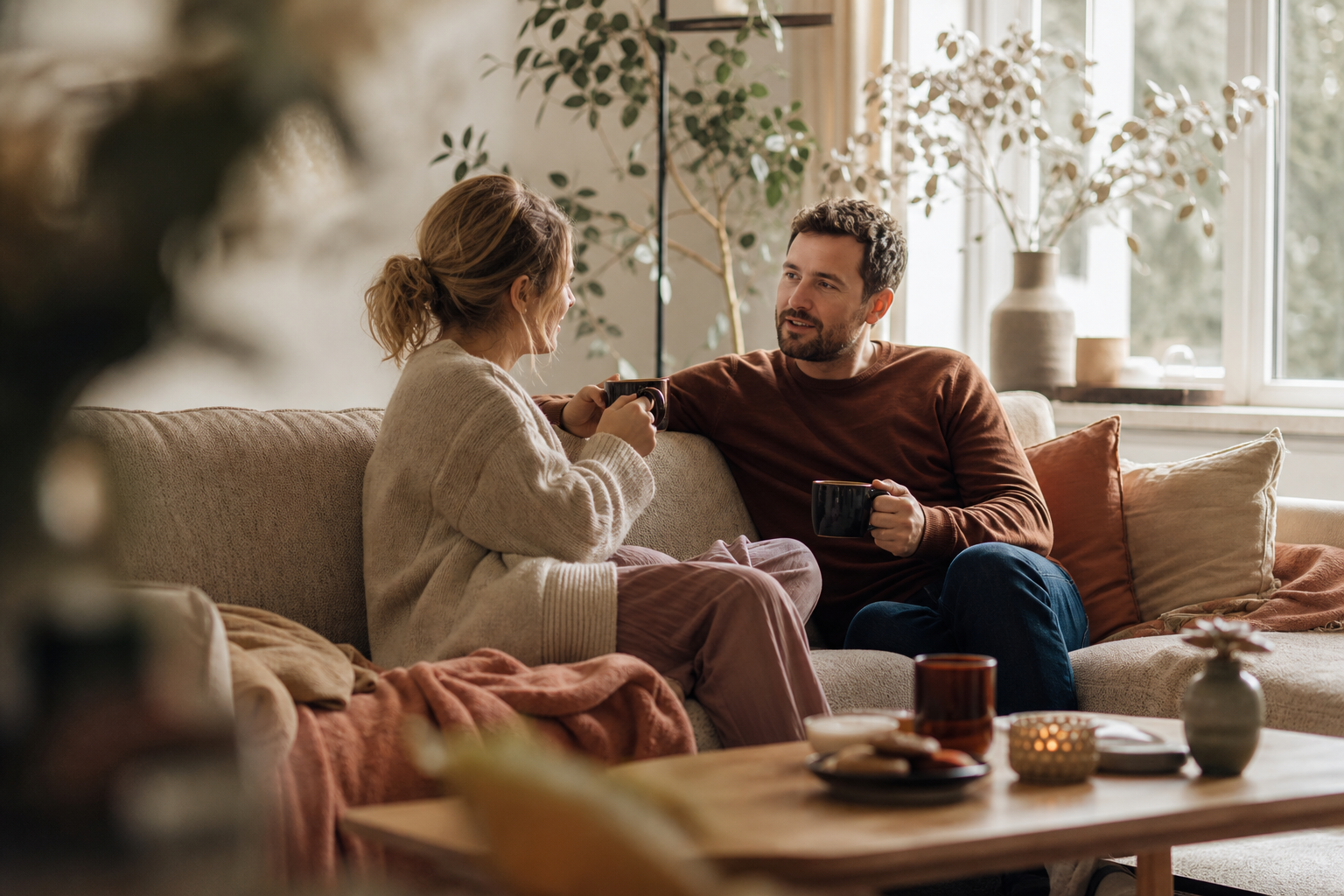 Een stel zit warm samen op de bank te praten met een kop koffie, ontspannen sfeer in huiskamer