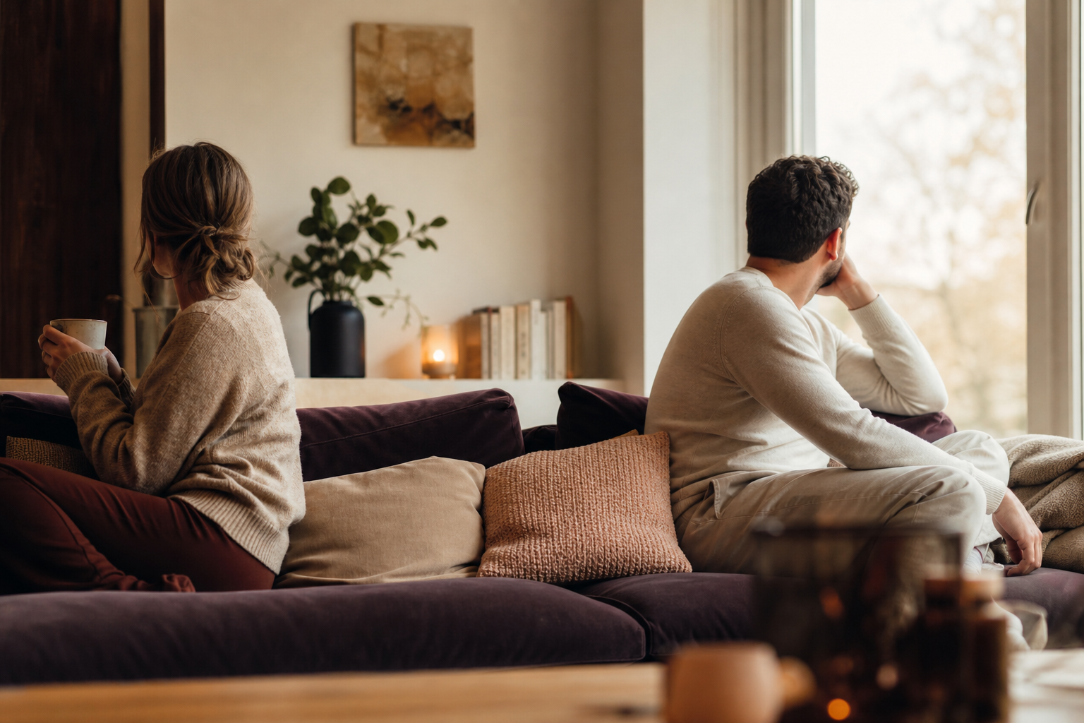 Two partners sit on opposite ends of a couch, one looking out the window while the other sits silently beside them