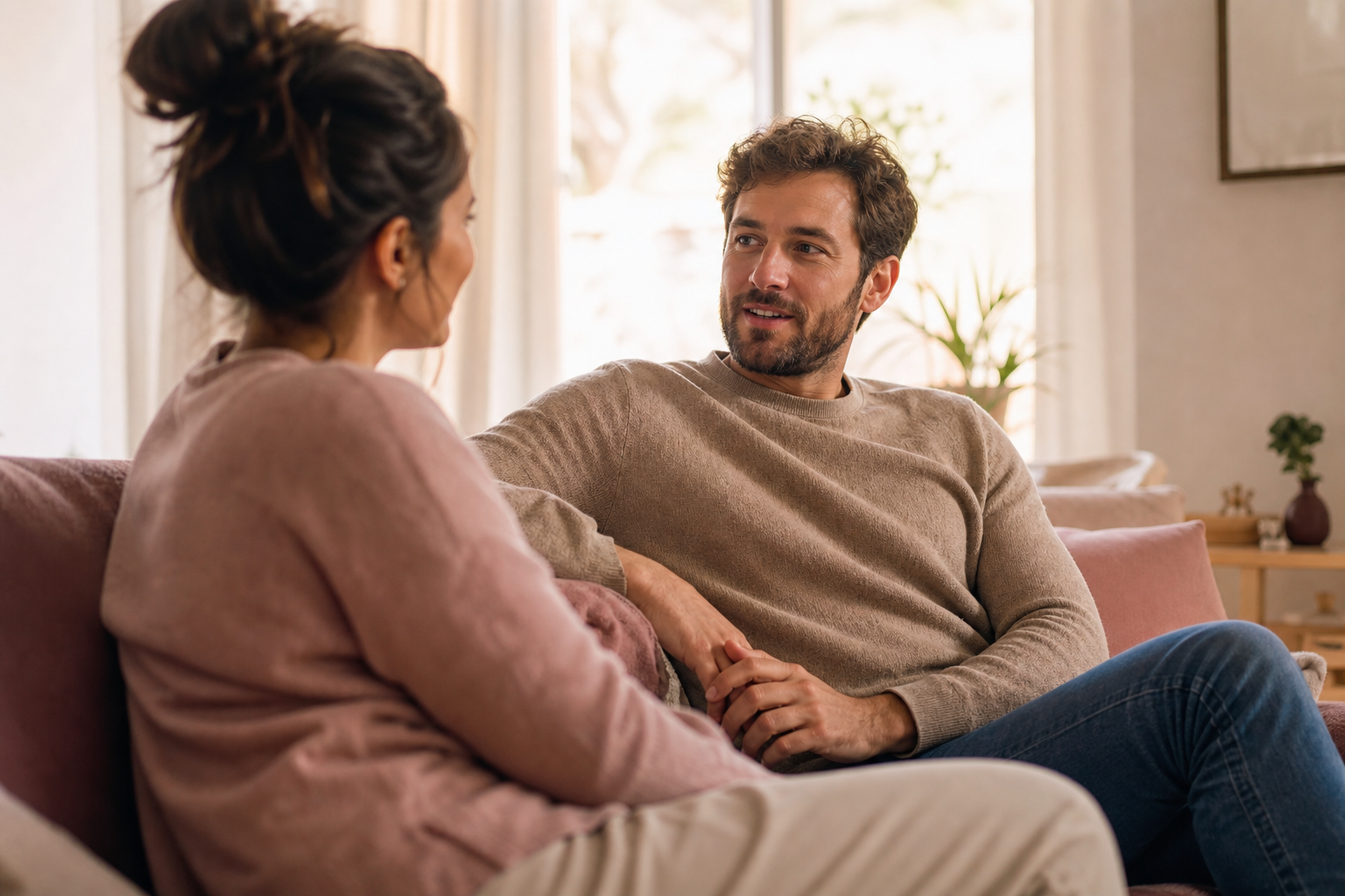 Twee partners zitten warm en ontspannen tegenover elkaar in gesprek op een bank, zacht daglicht op de achtergrond