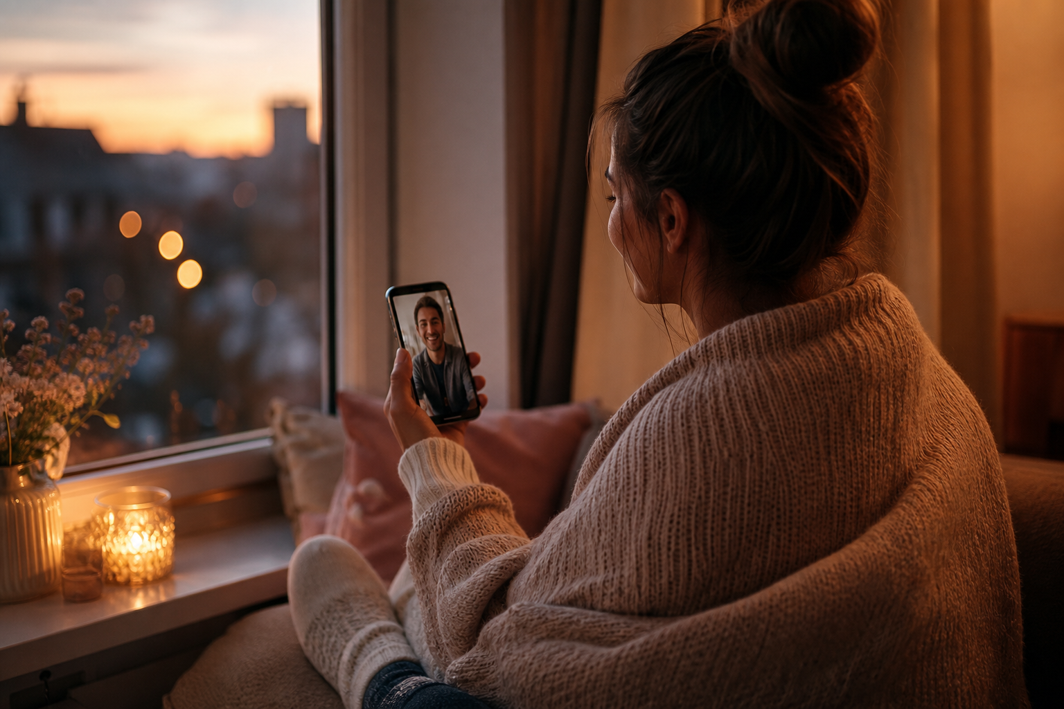 A person sits cozily wrapped up by the window, holding a phone and smiling at a video call screen, with soft evening light in the background