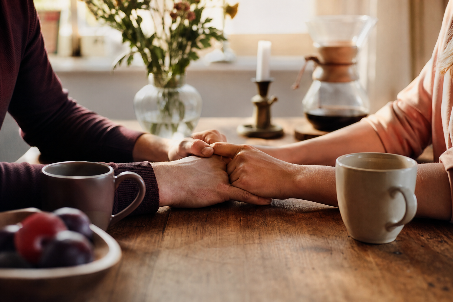 Couple looking warmly at each other at the kitchen table in soft morning light, close-up connection without faces