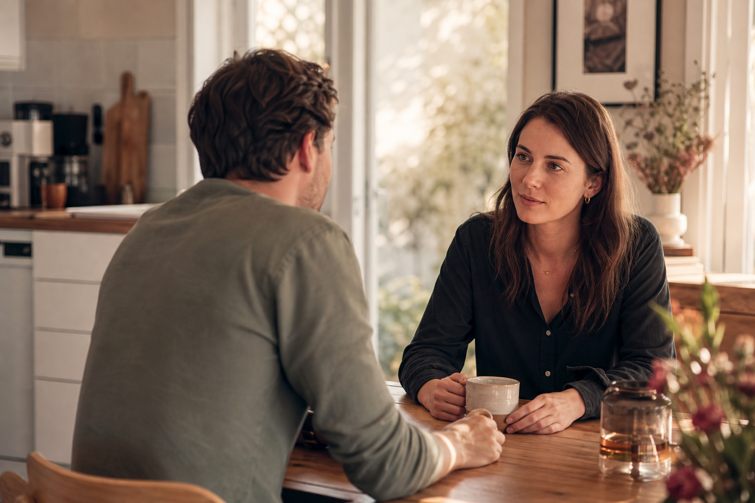 Twee partners zitten tegenover elkaar aan de keukentafel in een rustig gesprek, warm daglicht op de achtergrond