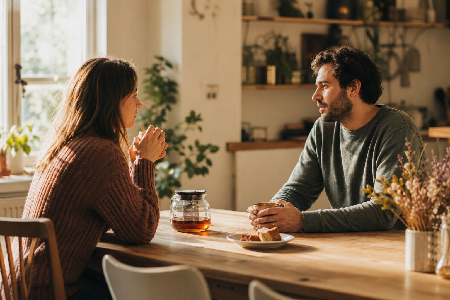Couple sitting calmly across from each other at the kitchen table in conversation, warm daylight, relatable and unposed